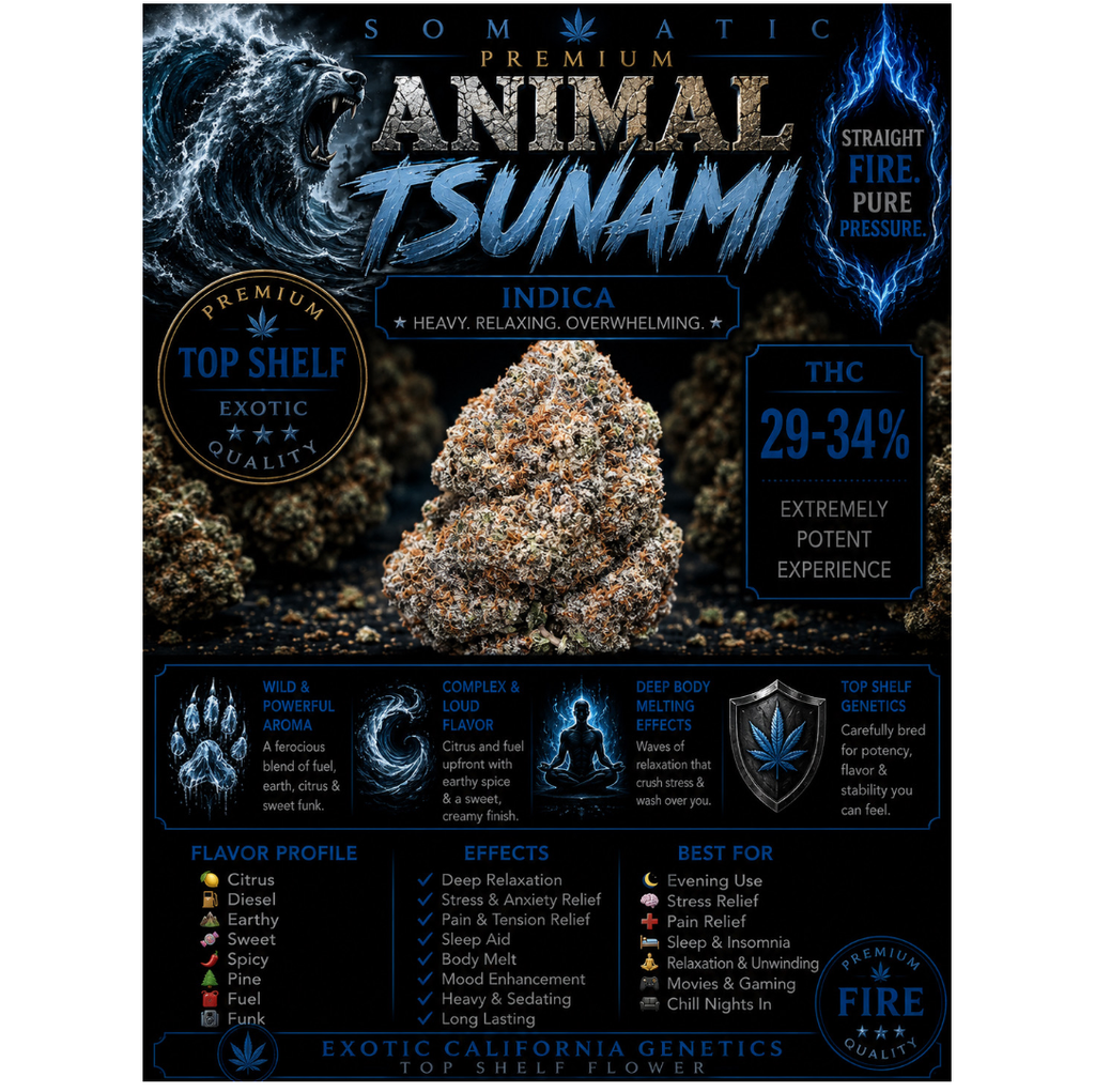 Animal Tsunami | INDICA | 29-34% THC | $120 an oz | $180 for 2 oz | 