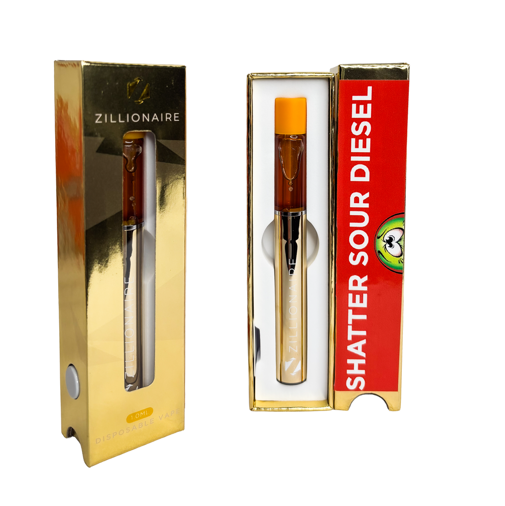 1.1G Zillionaire Disposable Vape - Shatter Sour Diesel - 2pc: $55, 5pc: $115, 10pc: $200