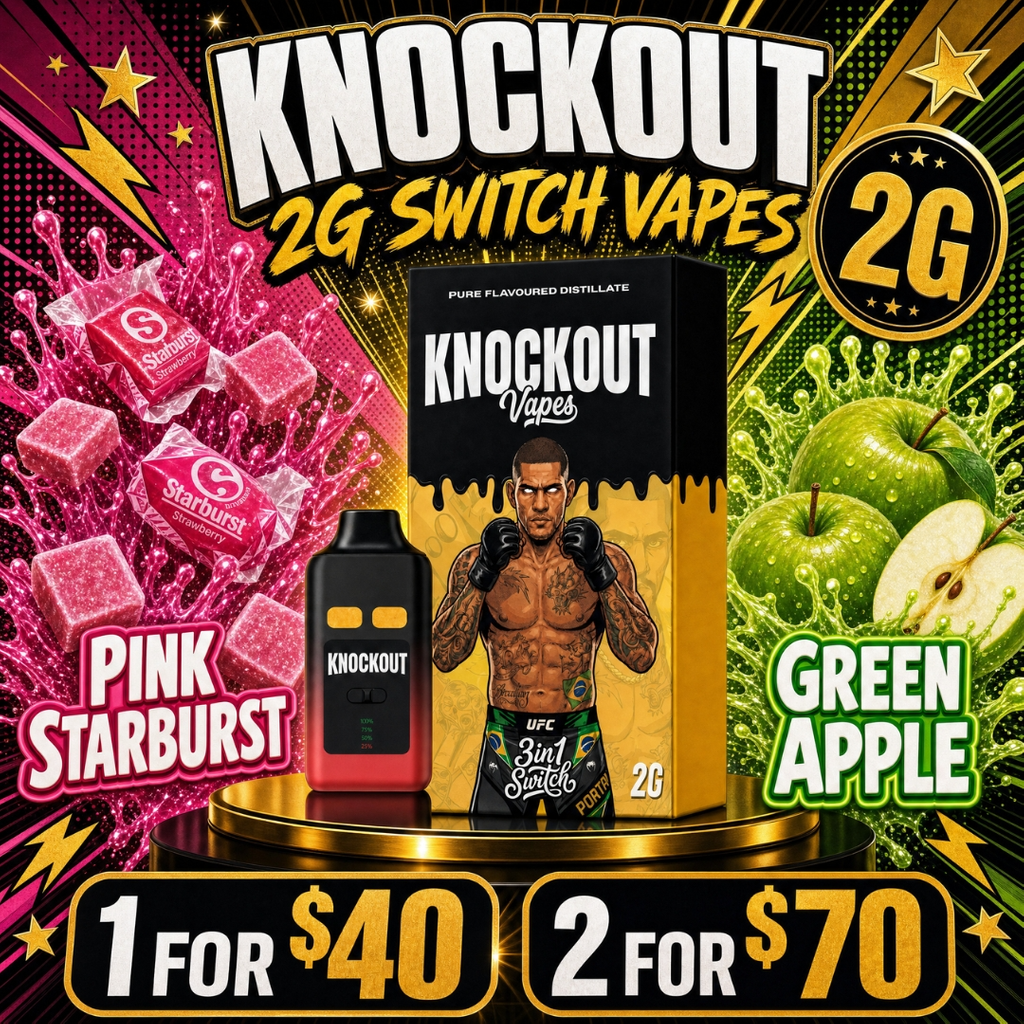 	 $40 Knockout 2G Switch Vape — Pink Starburst Indica + Green Apple Hybrid • 2 for $70