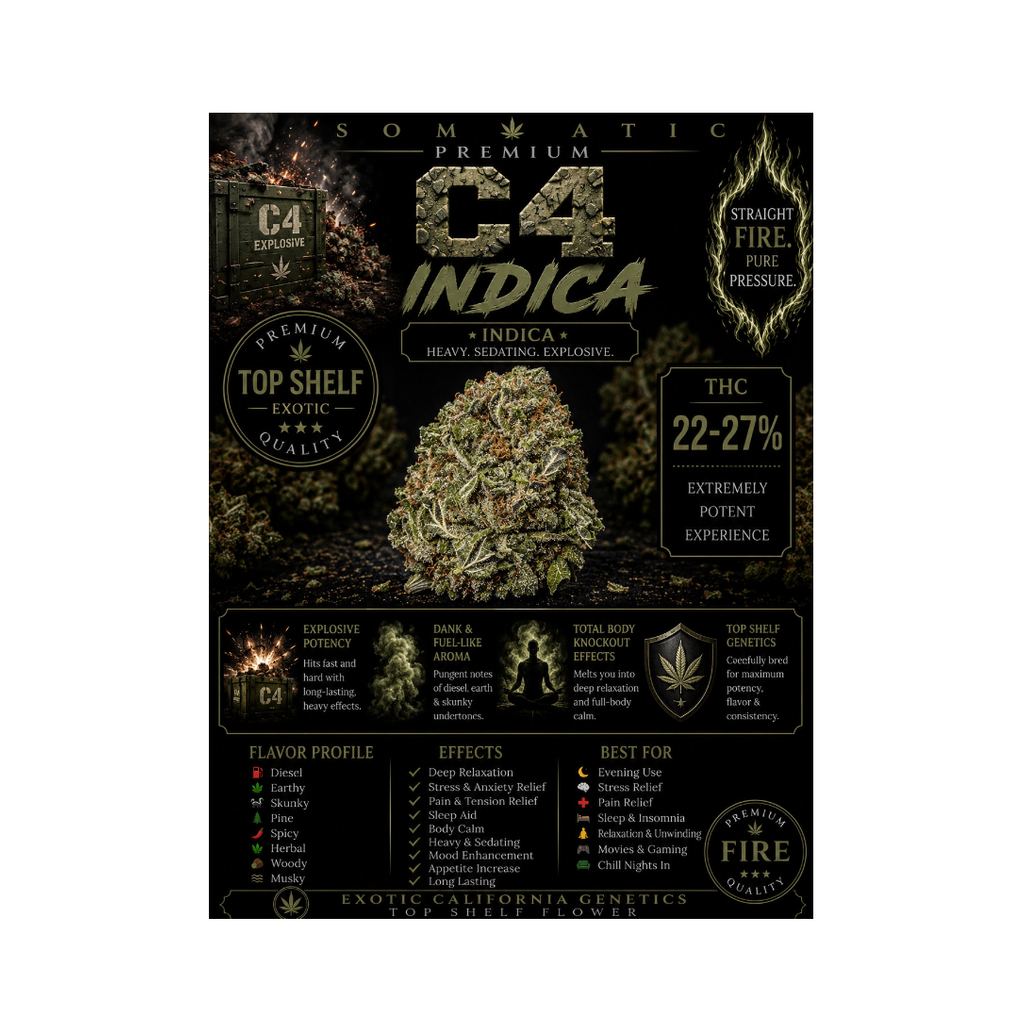 C-4 Strain | INDICA | 22-27% THC | $60 an oz | $85 for 2 ozs |$140 for 4 ozs | $240 for 8 oz |