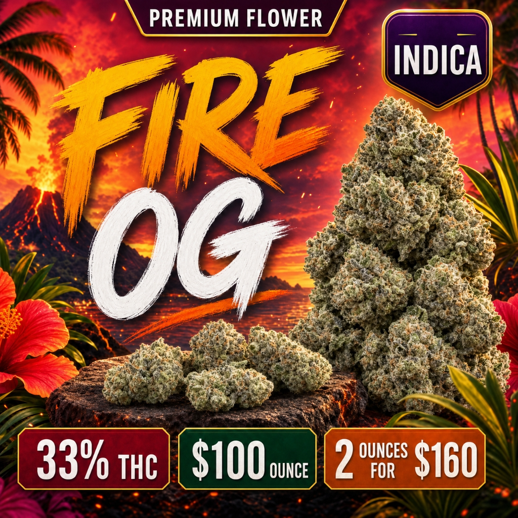 $100 Fire OG — 33% THC Indica • 2 Ounces for $160
