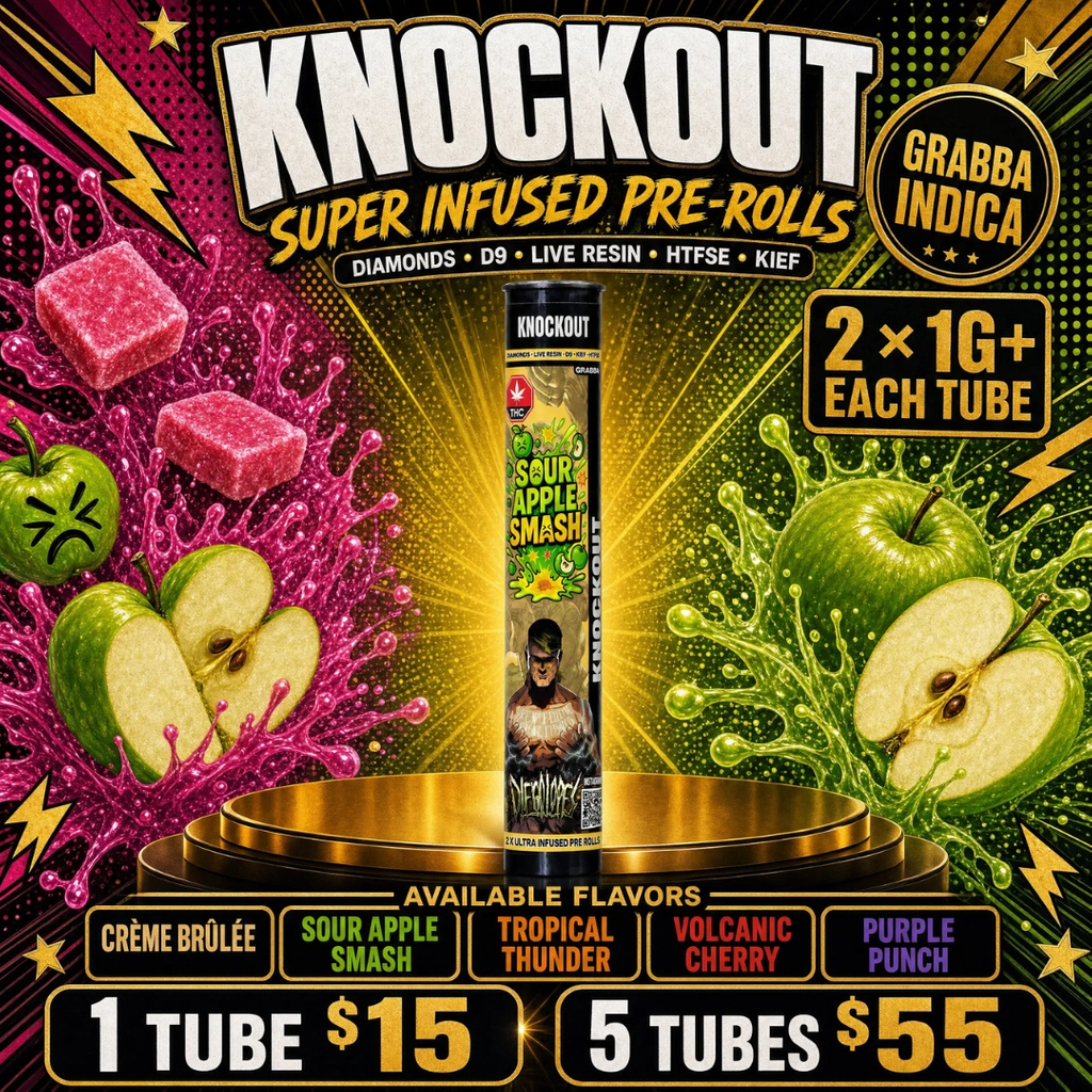 $15 - 2 x  Knockout Grabba Indica Pre-Rolls • 5 Tubes for $55