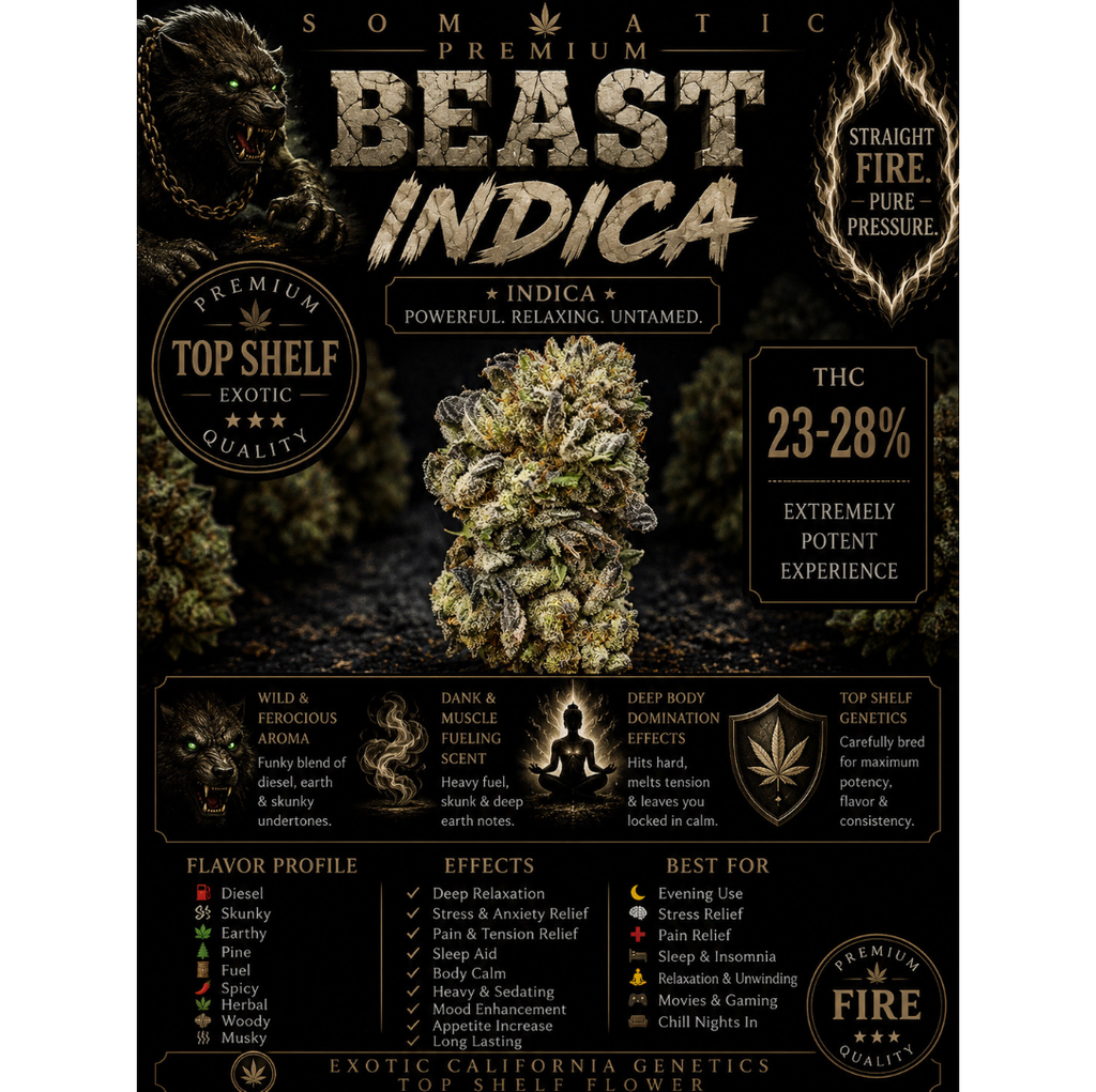 Beast | INDICA | 23-28% THC | $60 an oz | $85 for 2 ozs | $140 for 4 ozs | $240 for 8 ozs | 