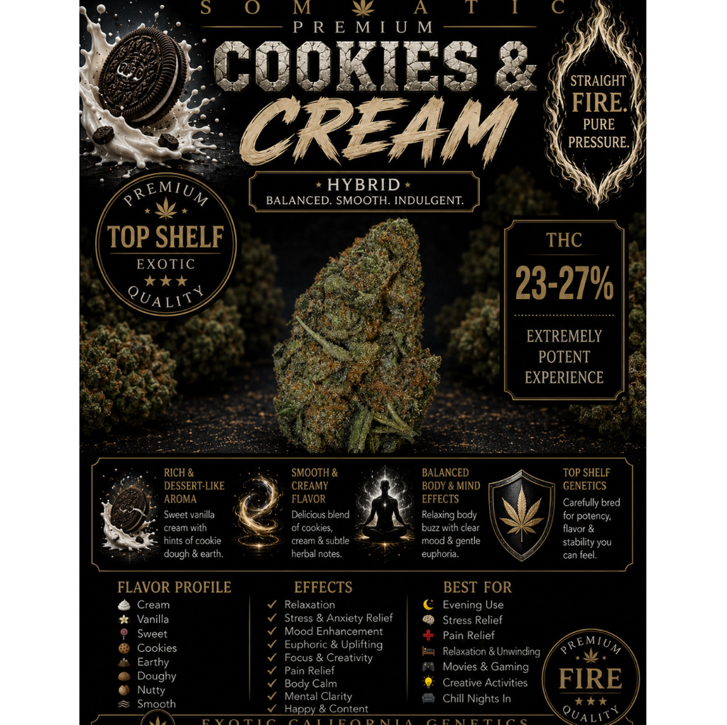 Cookies and Cream | 23-27% THC | HYBRID | $60 an oz | $85 for 2 Ozs | $140 for 4 ozs | $240 for 8 ozs |