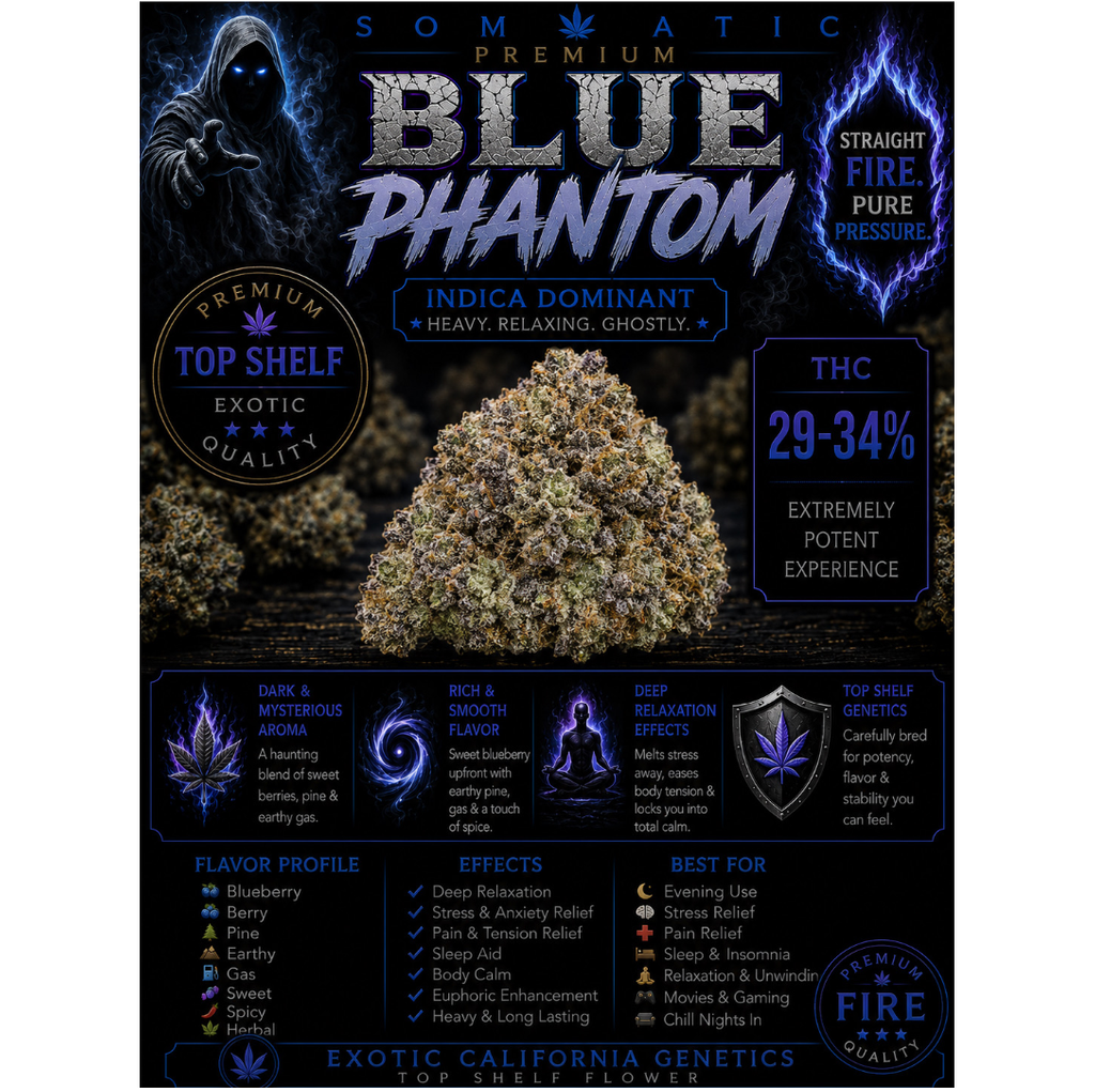 Blue Phantom | INDICA | 29-34% THC | $120 an oz | $180 for 2 ozs | 
