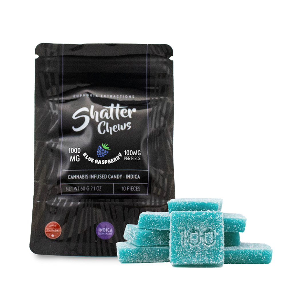 Indica 1000mg Blue Raspberry 10 Pack Shatter Chews | Euphoria ...