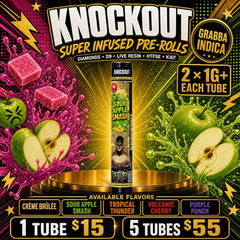 $15 - 2 x  Knockout Grabba Indica Pre-Rolls • 5 Tubes for $55