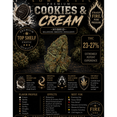 Cookies and Cream | 23-27% THC | HYBRID | $60 an oz | $85 for 2 Ozs | $140 for 4 ozs | $240 for 8 ozs |