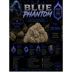 Blue Phantom | INDICA | 29-34% THC | $120 an oz | $180 for 2 ozs | 